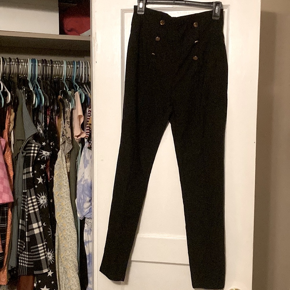 Super high wasted black dress style skinny pants with buttons